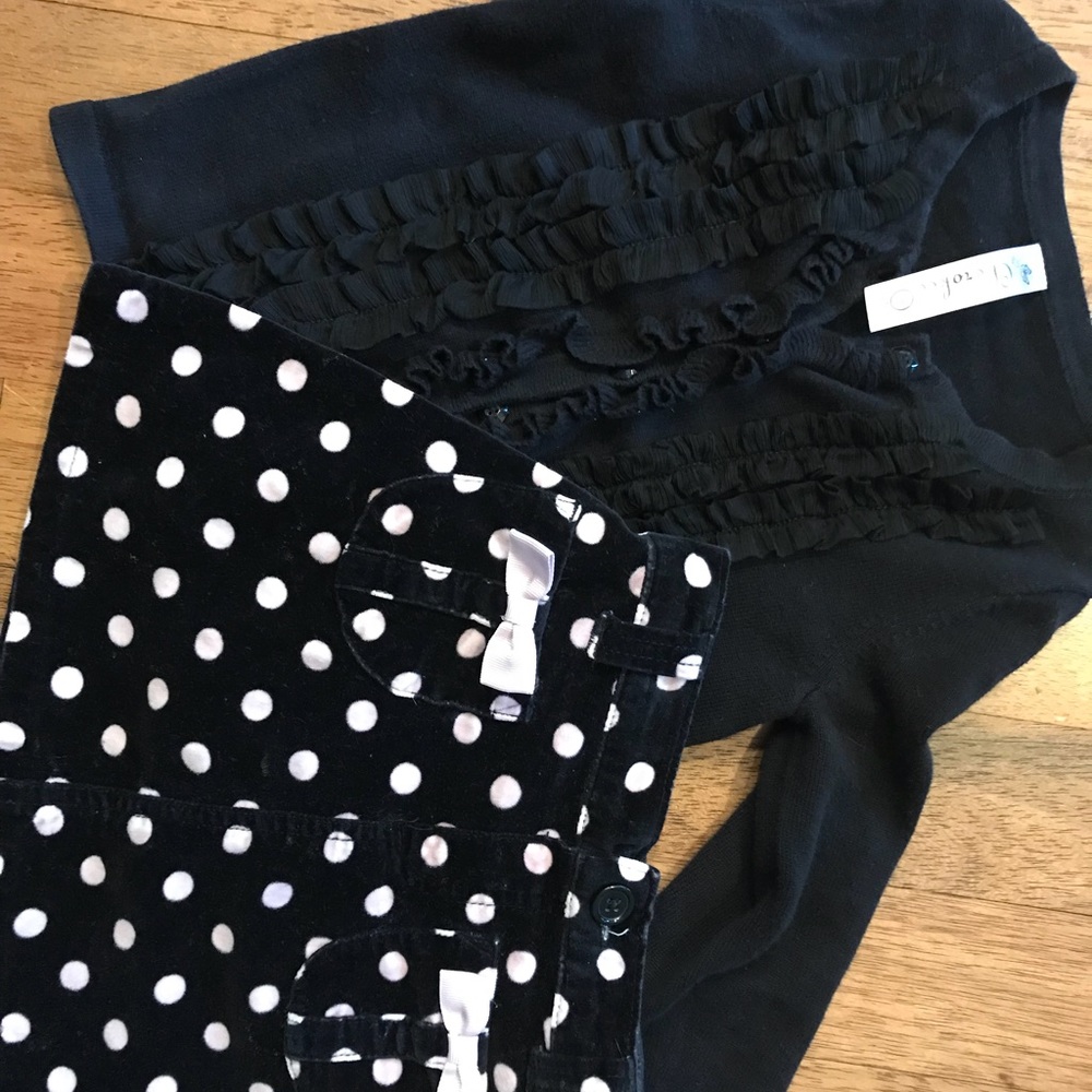 Polka dot girls skirt with black ruffle cardigan